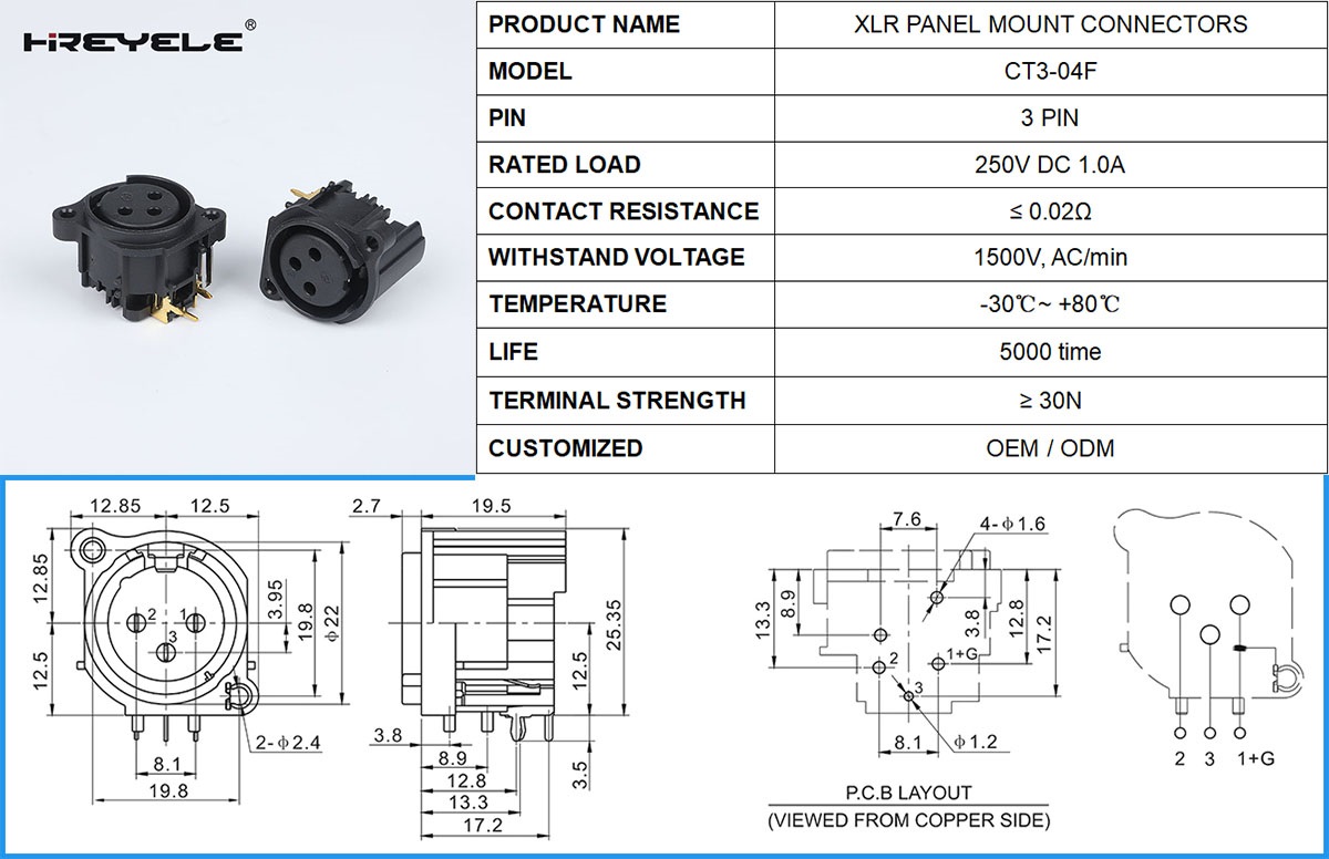 xlr 3 pin female chassis mount connector