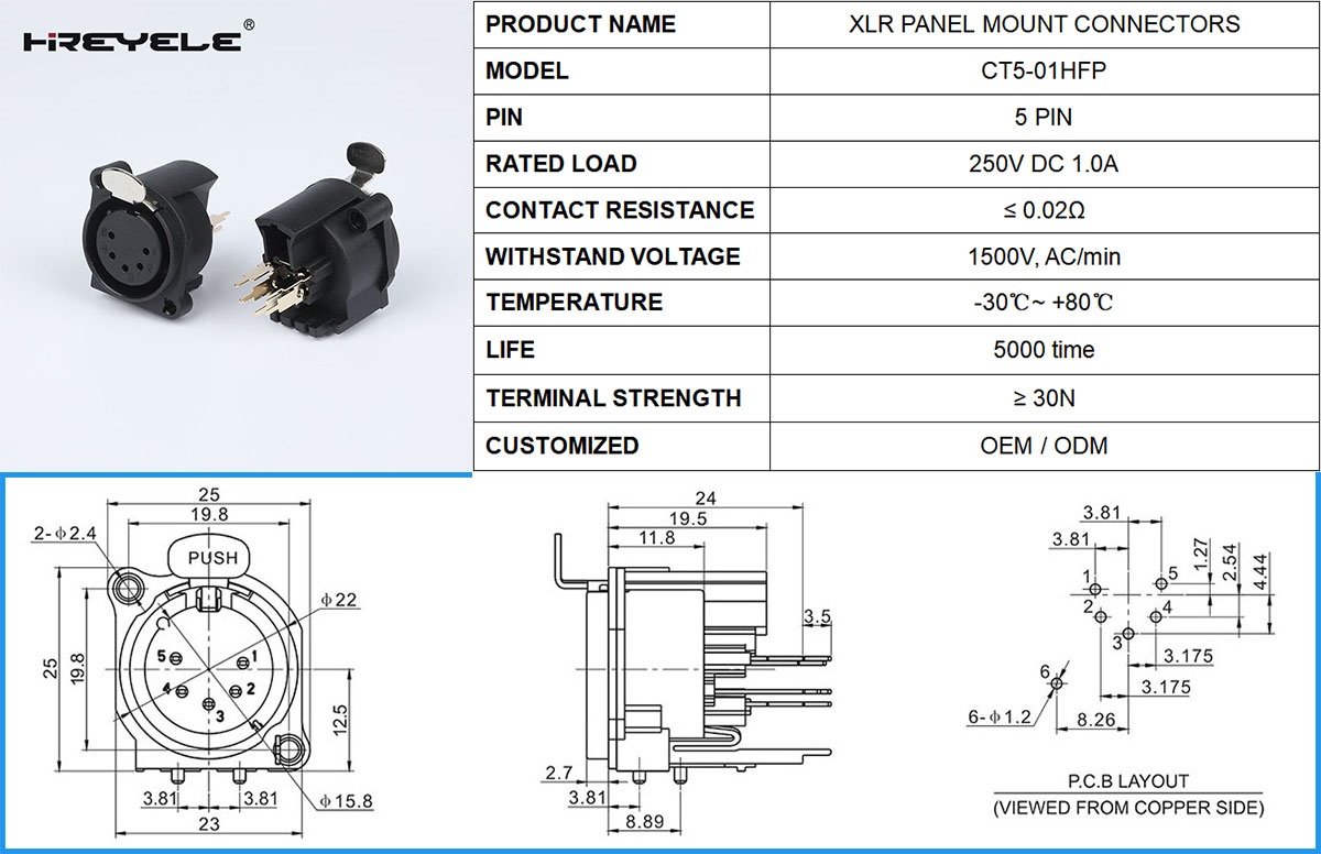 5 PIN XLR FEMALE CONNECTORS PCB MOUNT