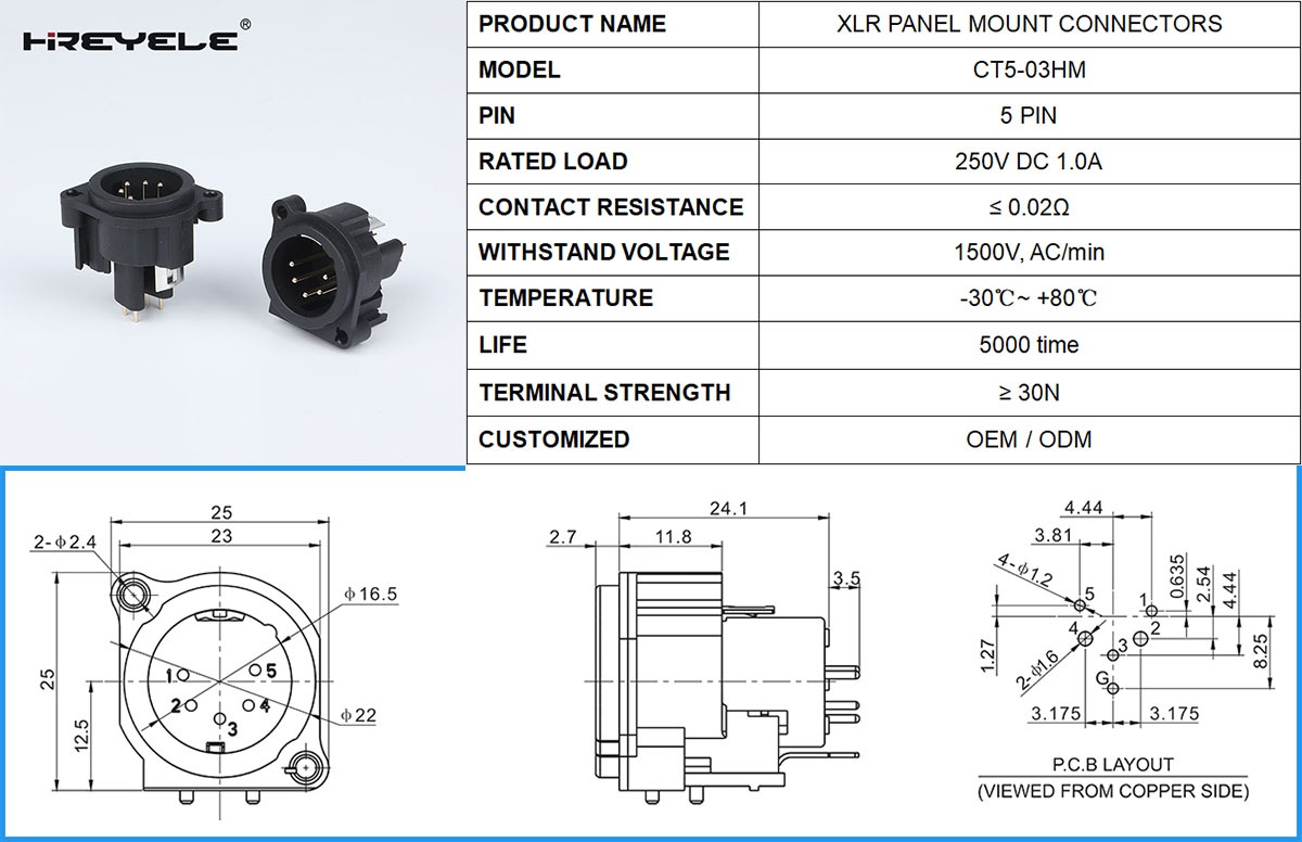 5 PIN XLR MALE CHASSIS CONNECTORS