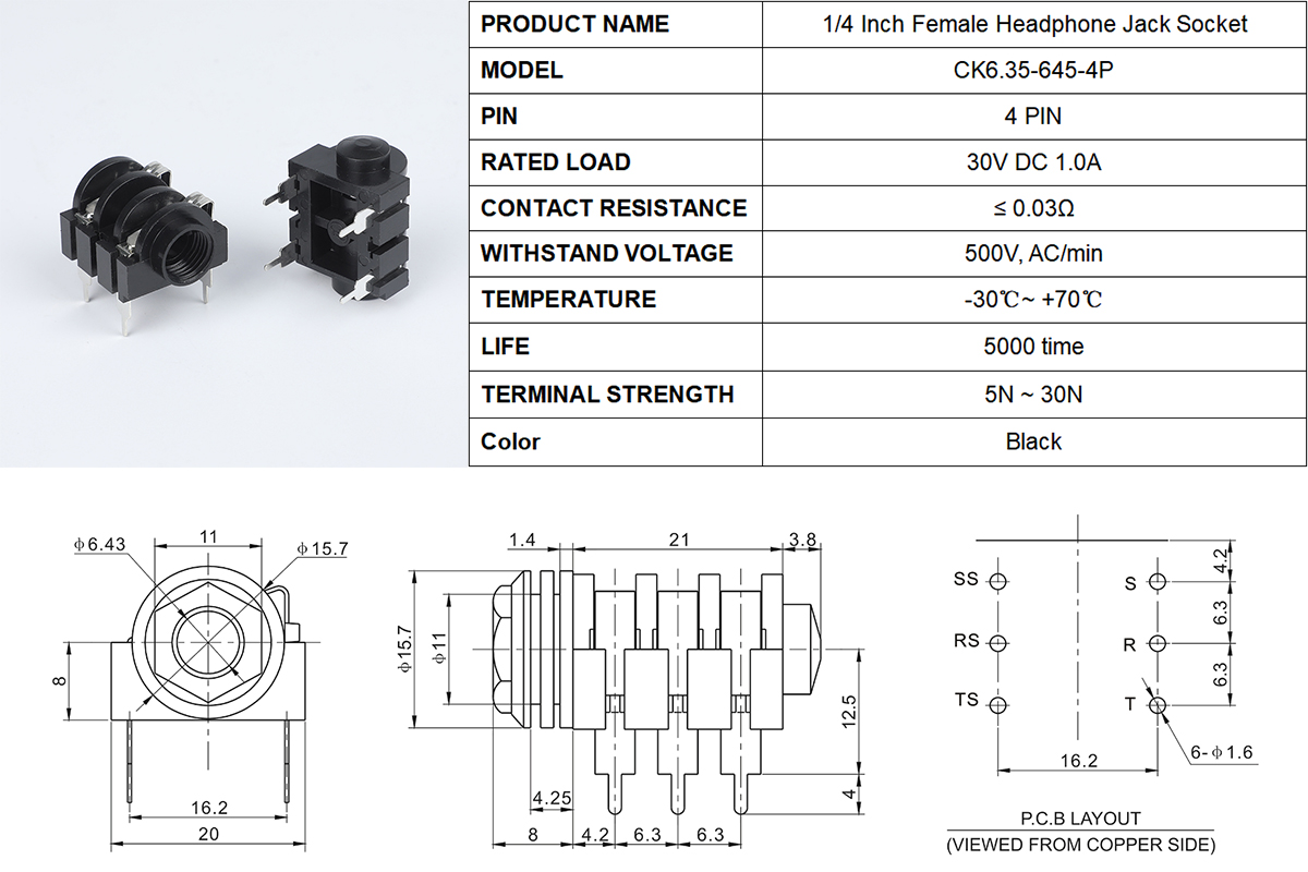 6.35mm 1/4-inch Audio Mono Jack