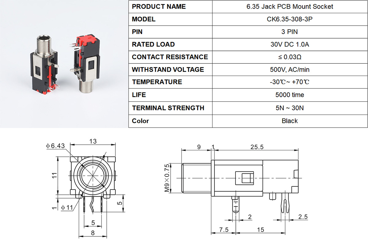 3P AUDIO STEREO JACK PCB MOUNT