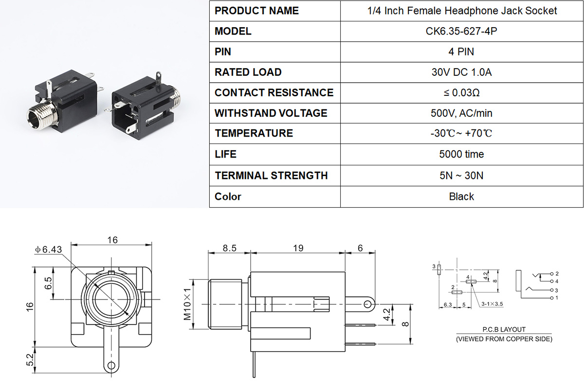 Audio Jack Female Panel Mount Connector