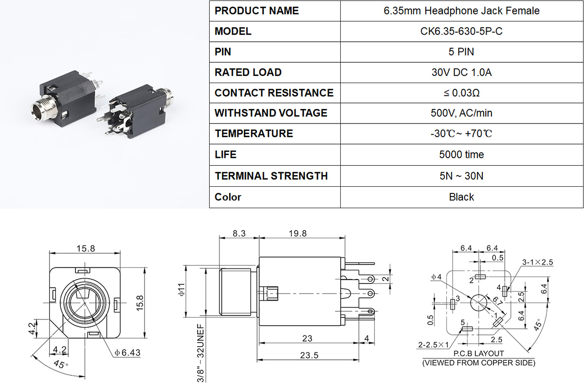 1/4" pcb mount female socket