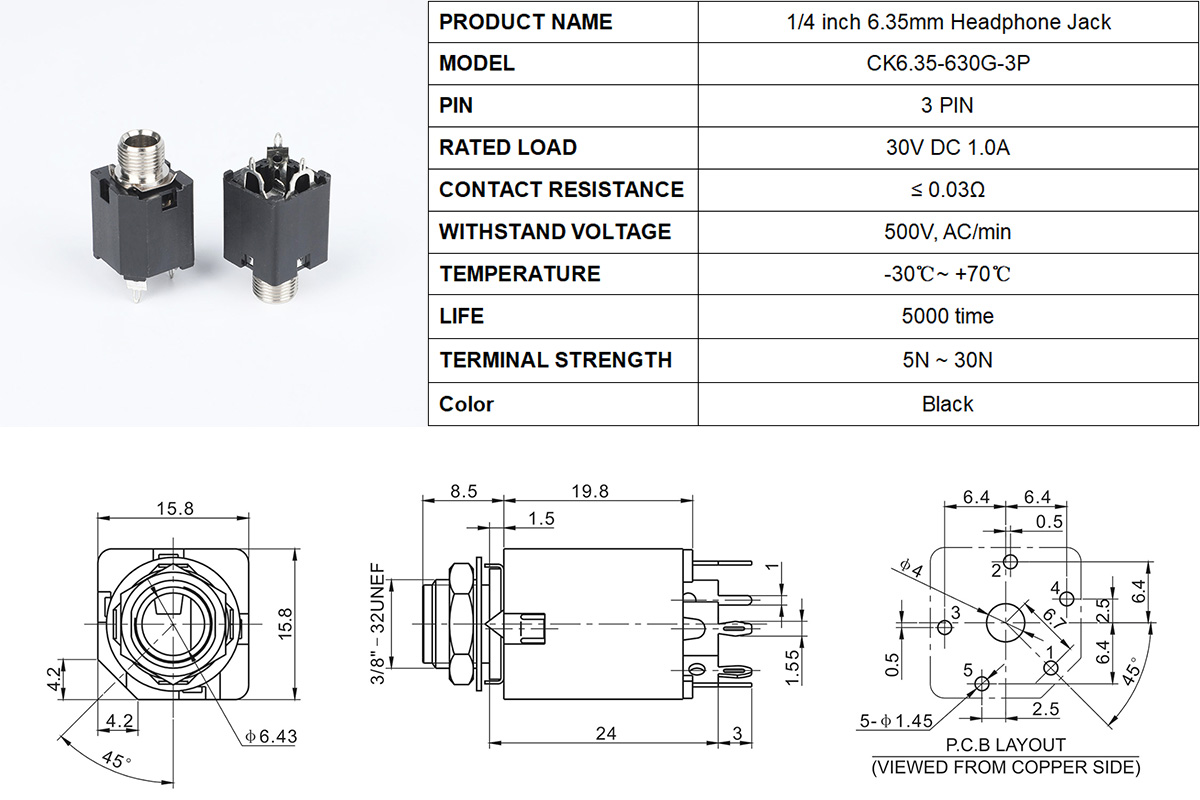 1/4 jack female 6.35mm jack stereo