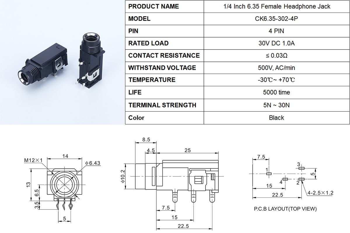 6.35mm 1/4-inch Audio Jack PCB Mount