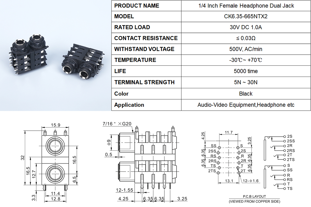 Auido Dual Jack 6.35mm Stereo Jack