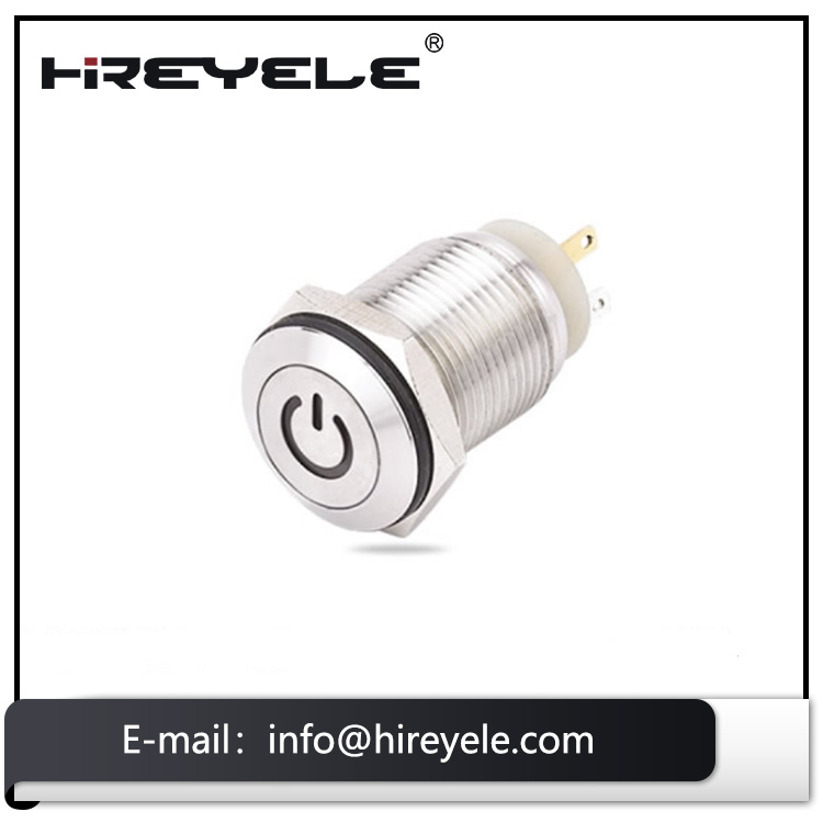 Flat round illuminated power symbol 16mm stainless momentary waterproof push button switch